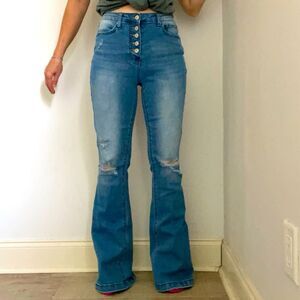 Flare Wide Leg High Waisted Blue Jeans size Small Distressed Denim Pants Y2K 90s